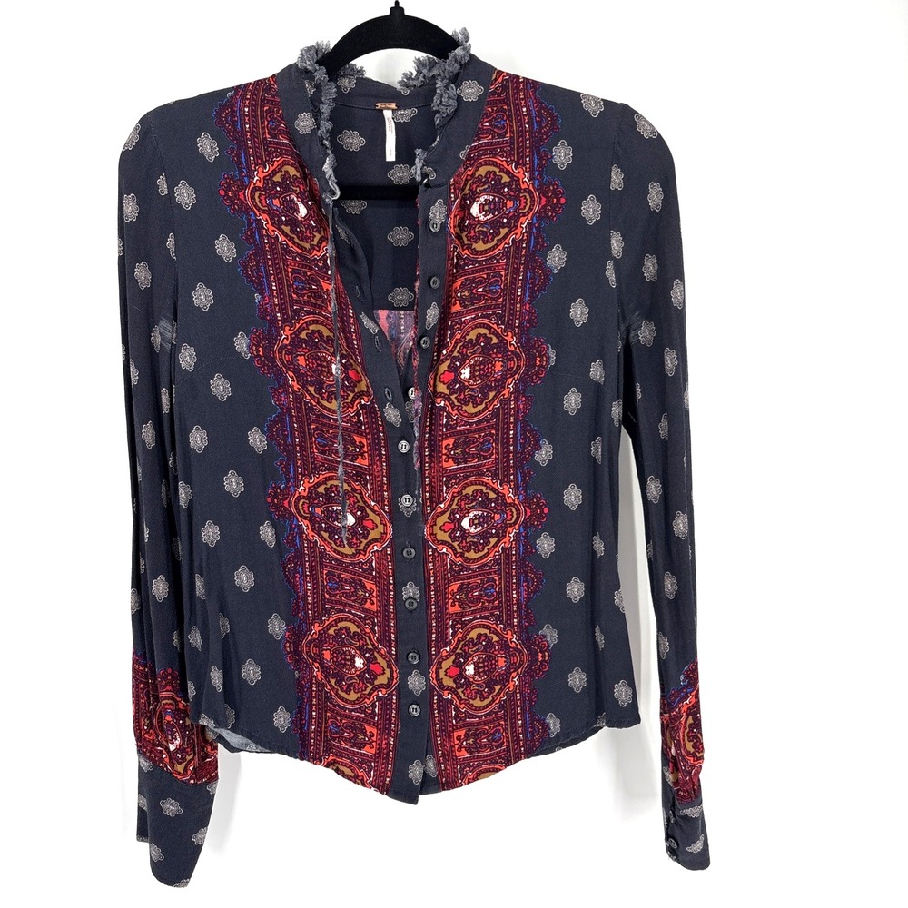 FREE PEOPLE Boho Button Blouse Small Midnight Rust Festival Wishing Well Border